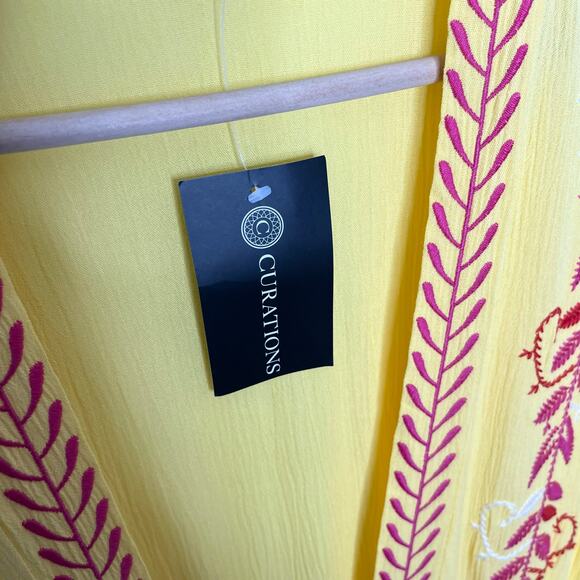 Curations Womens Kaftan Swim Coverup XL Yellow Pink Embroidered Resort Wear Boho - Picture 6 of 11